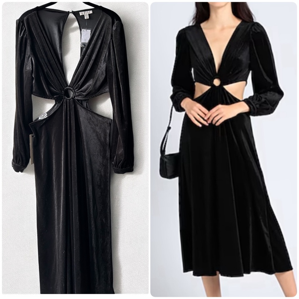 Topshop Black Dress with Plunge Neckline and Long Bishop Sleeves